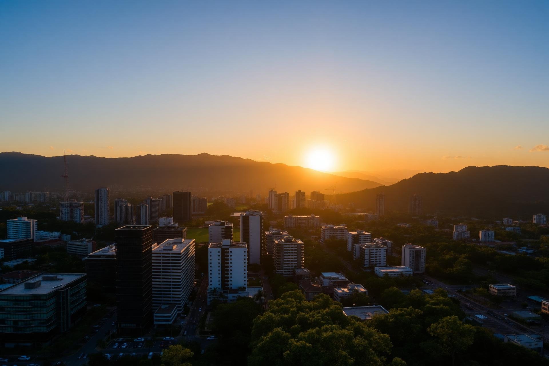 Skyline corporativo de San José, Costa Rica, con las montañas del Valle Central al atardecer