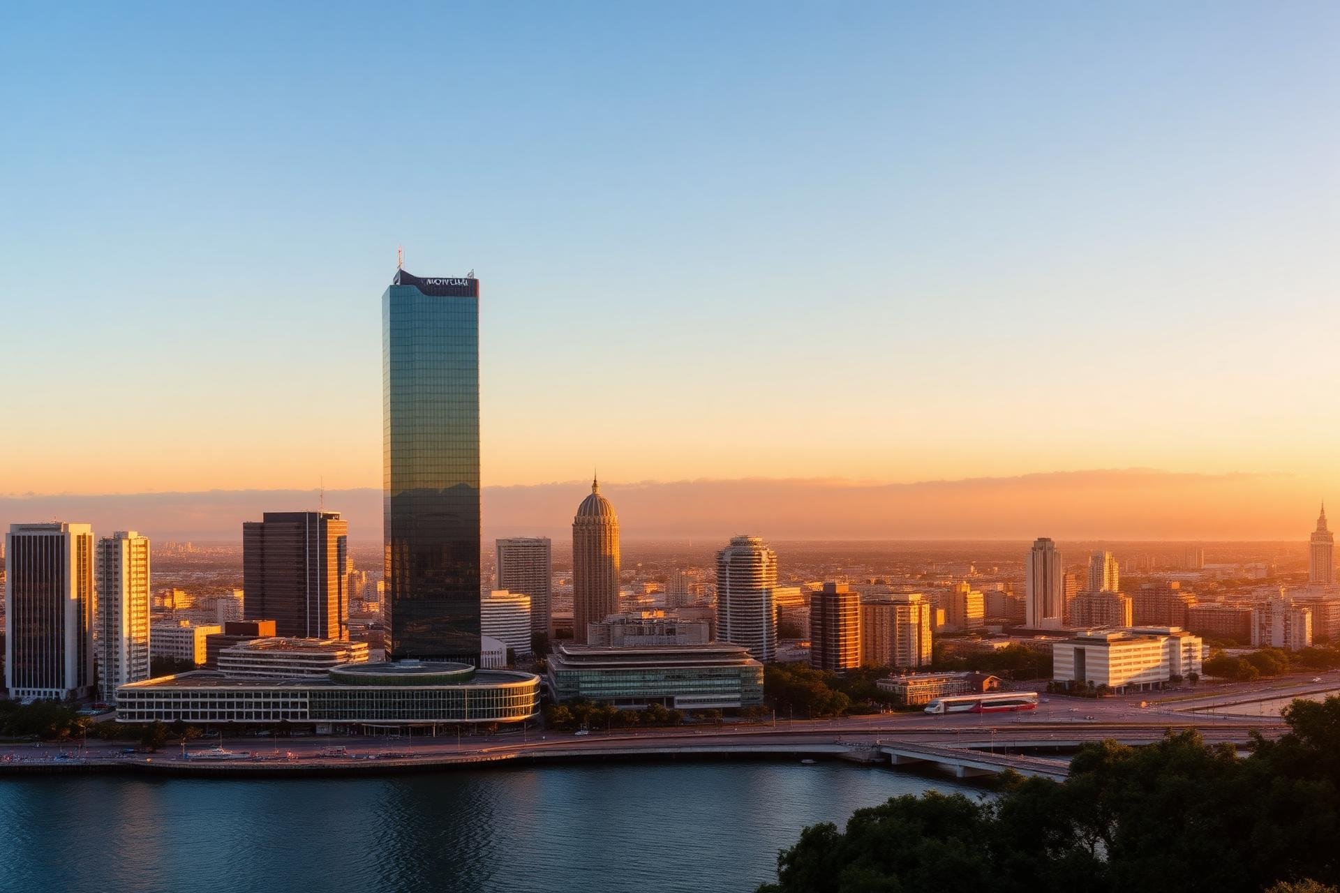 Skyline de Montevideo con las torres del World Trade Center y la rambla al atardecer