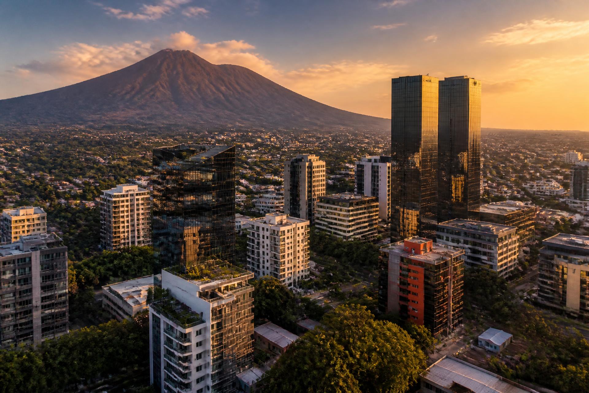 Skyline corporativo de San Salvador con el volcán de San Salvador al atardecer