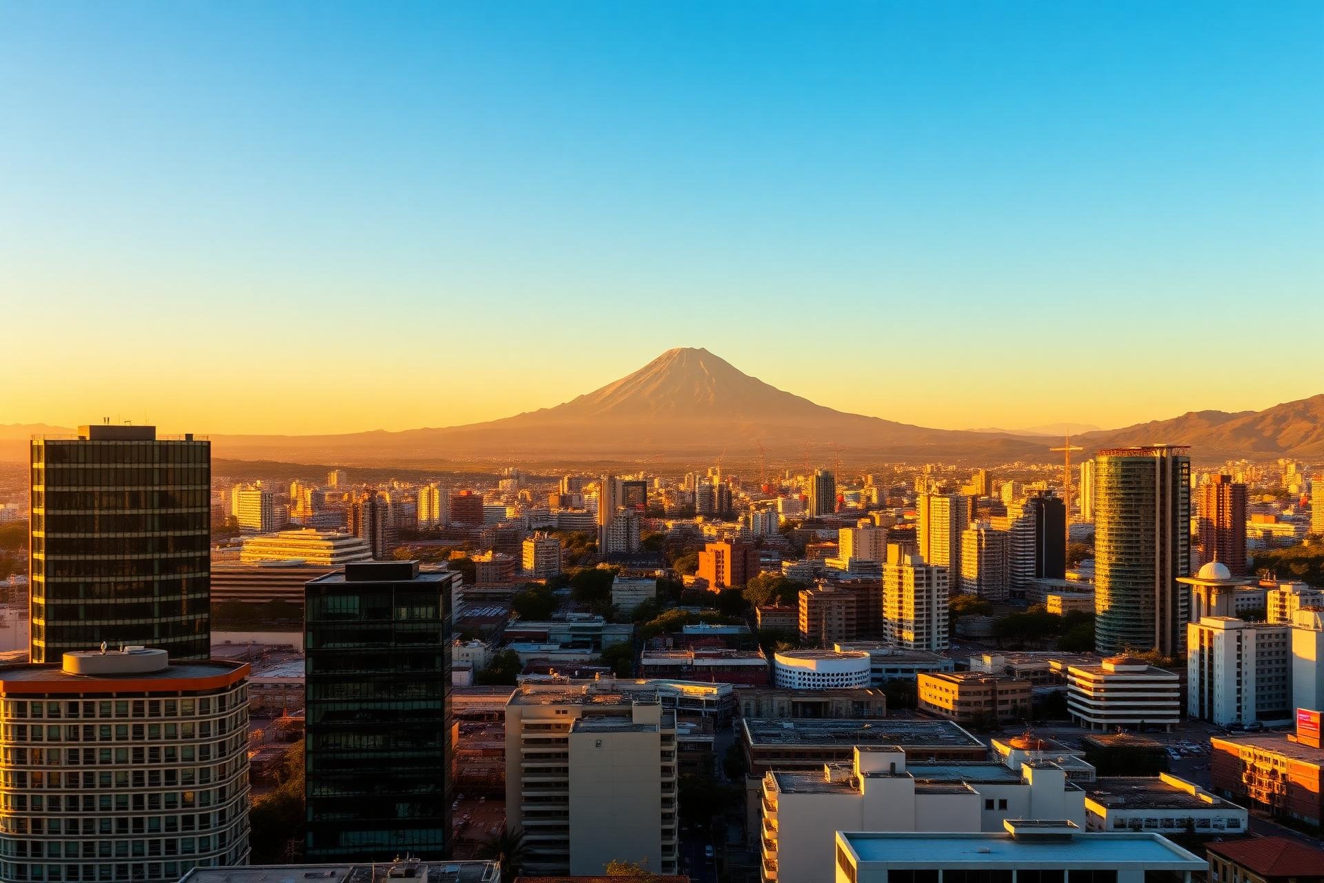 Skyline corporativo de Quito con el volcán Pichincha al atardecer