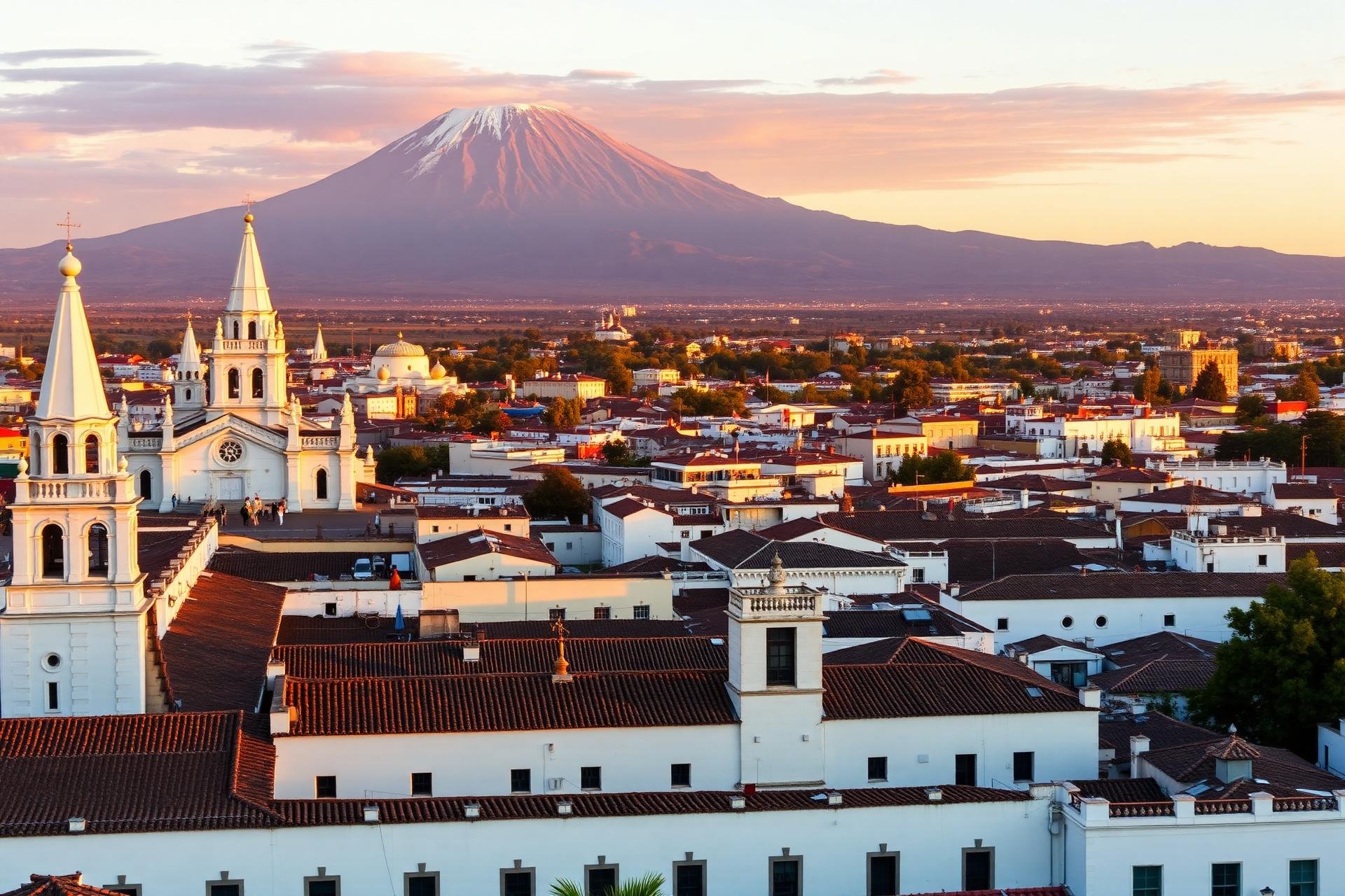 Centro histórico de Arequipa con arquitectura de sillar blanco y el volcán Misti al atardecer