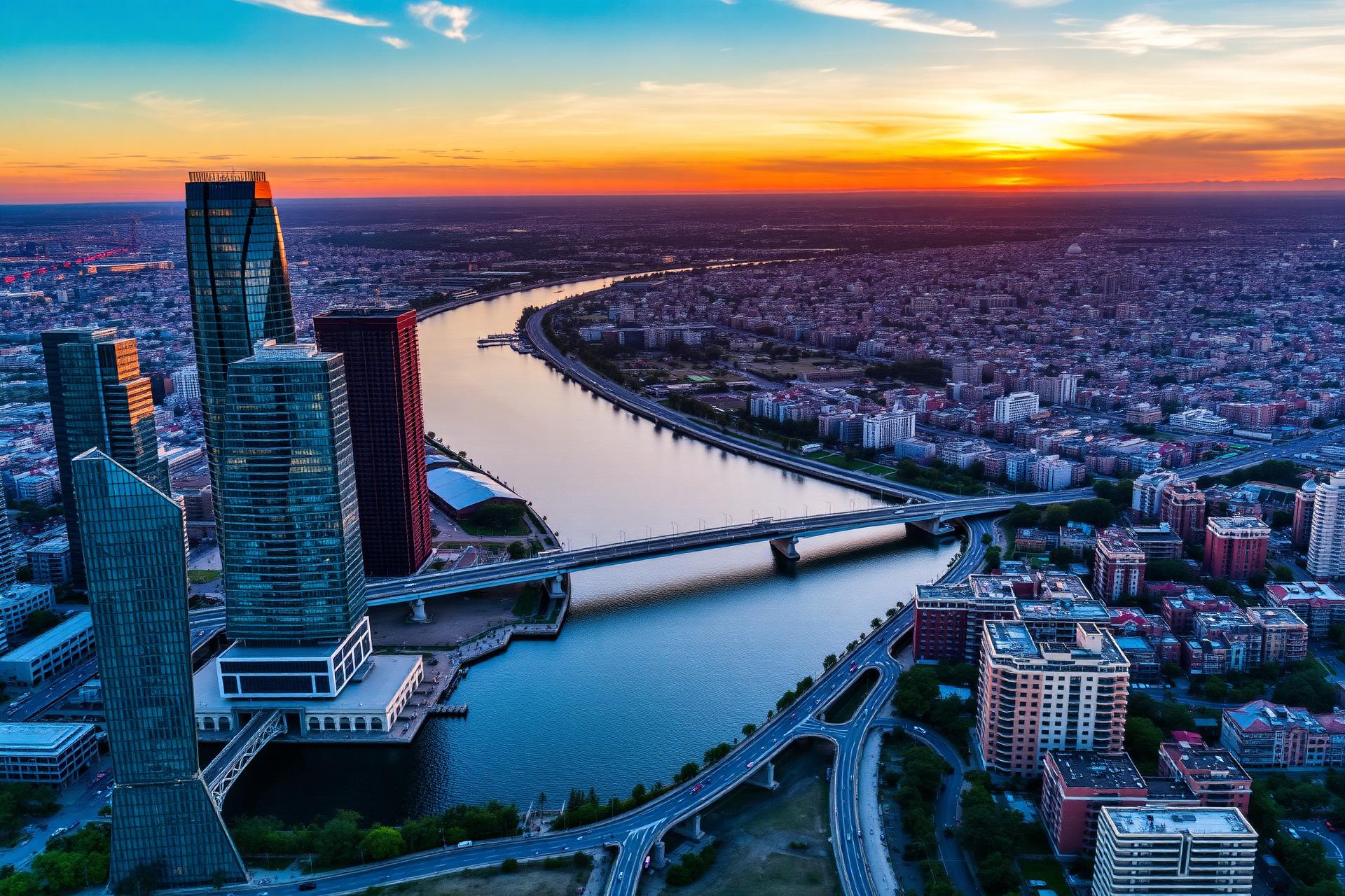 Vista aérea de Buenos Aires al atardecer con Puerto Madero y el Río de la Plata