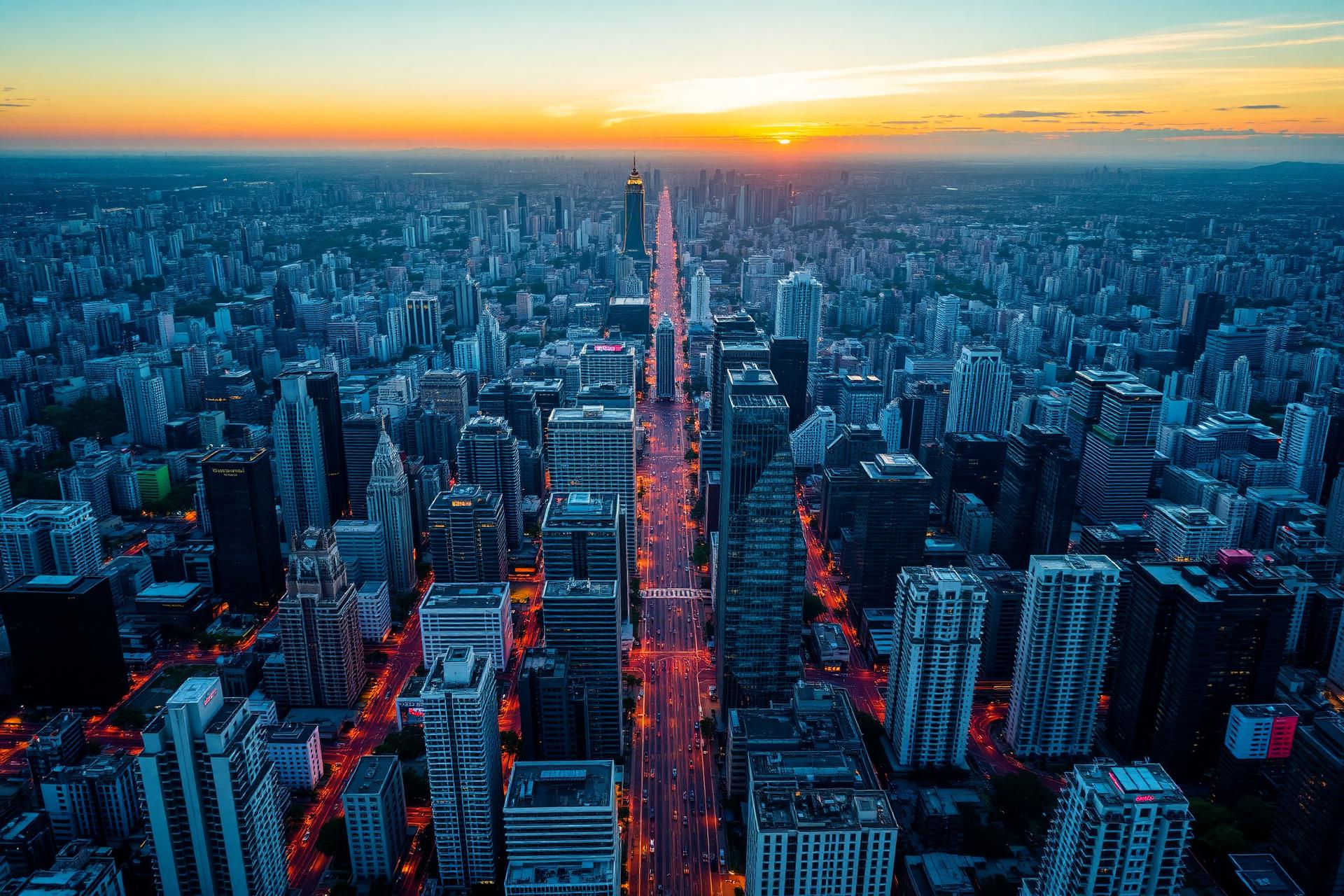 Vista aérea de São Paulo ao entardecer, com a Avenida Paulista e o skyline financeiro