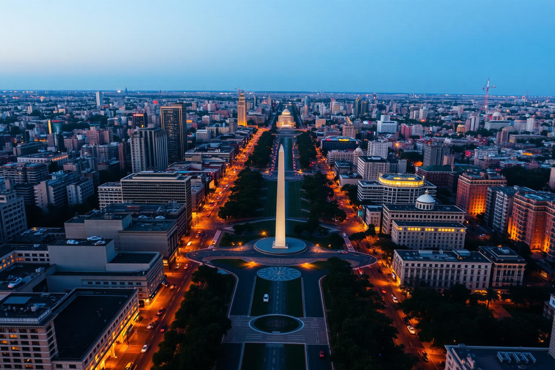 Vista aérea de la Avenida 9 de Julio en Buenos Aires al atardecer con el Obelisco iluminado en el centro