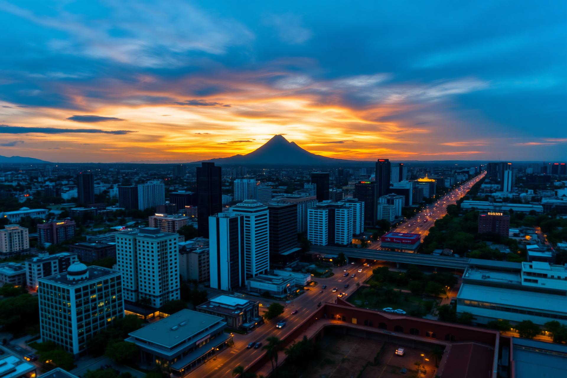 Skyline corporativo de Ciudad de Guatemala al atardecer con un volcán al fondo