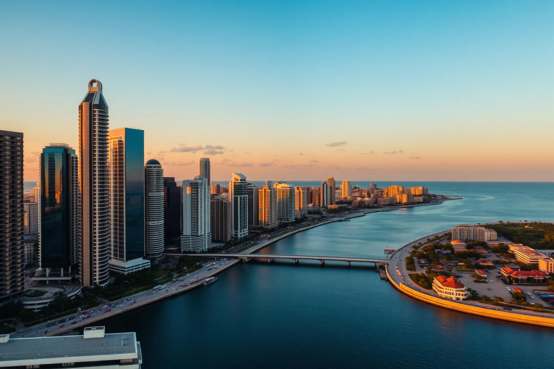 Vista aérea de Ciudad de Panamá al atardecer con la Cinta Costera, sus rascacielos frente al Pacífico y Casco Viejo al fondo