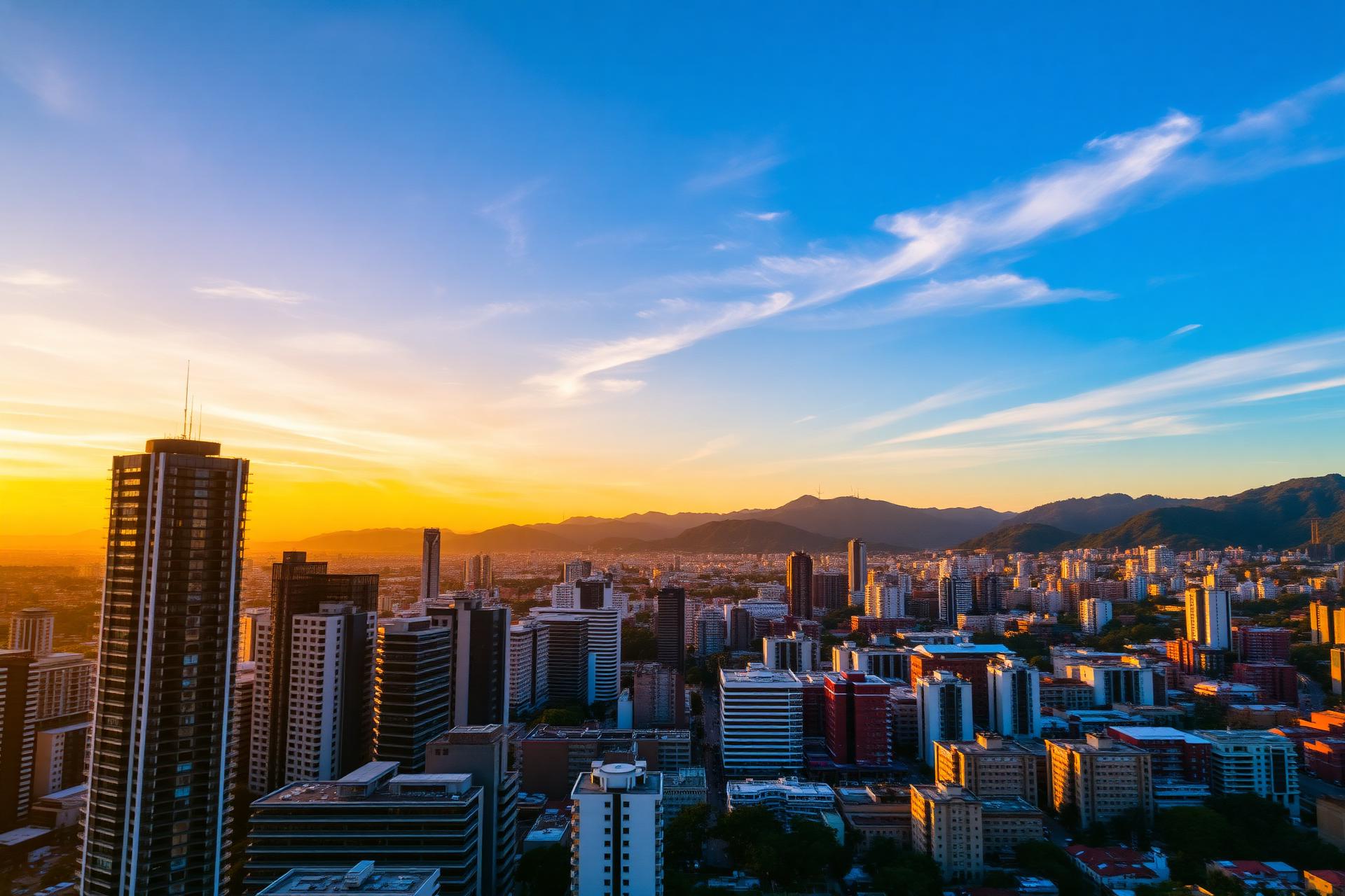 Vista aérea de Bogotá al atardecer con los Andes al fondo