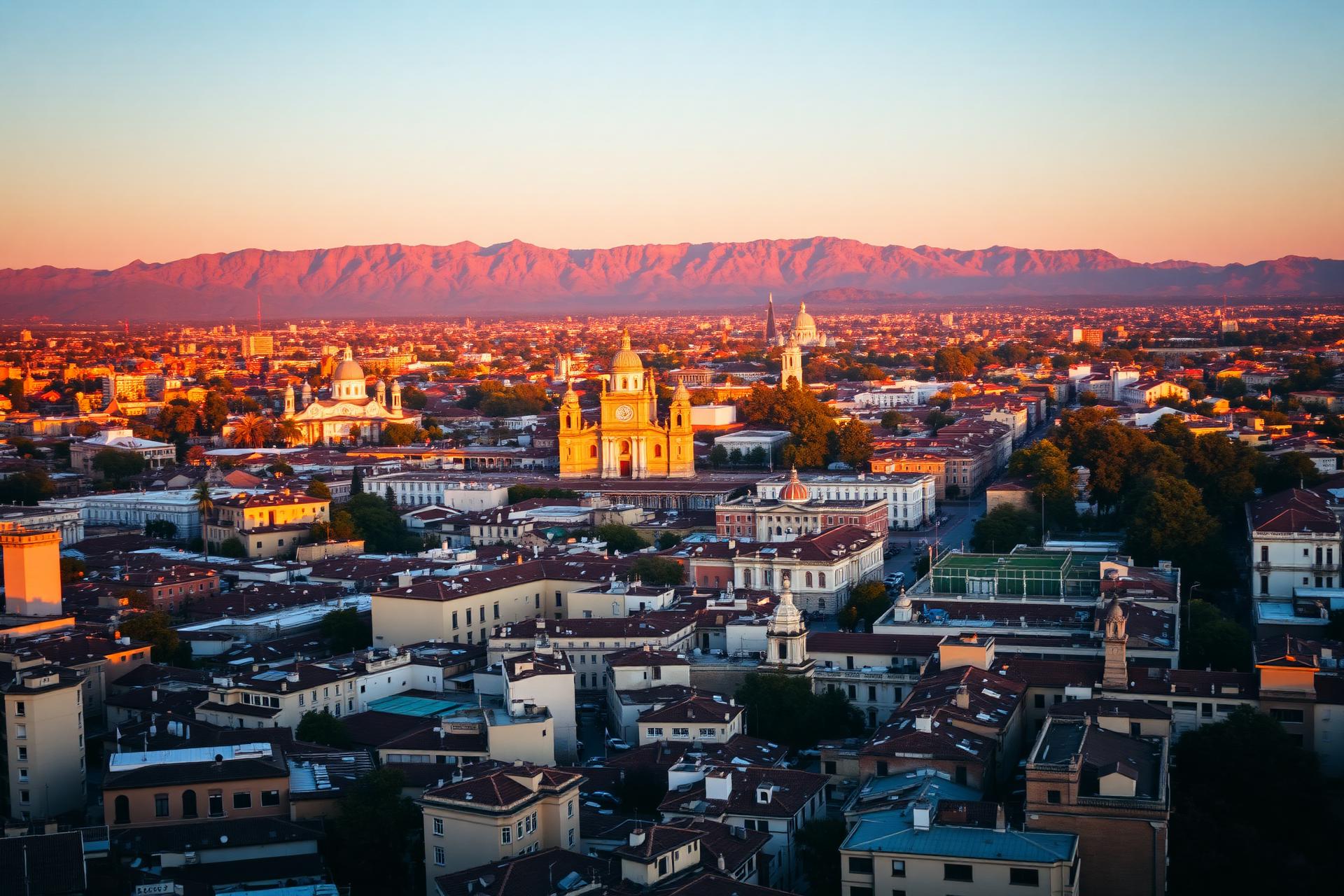Vista aérea del centro histórico de Córdoba, Argentina, al atardecer con la Catedral y las Sierras al fondo