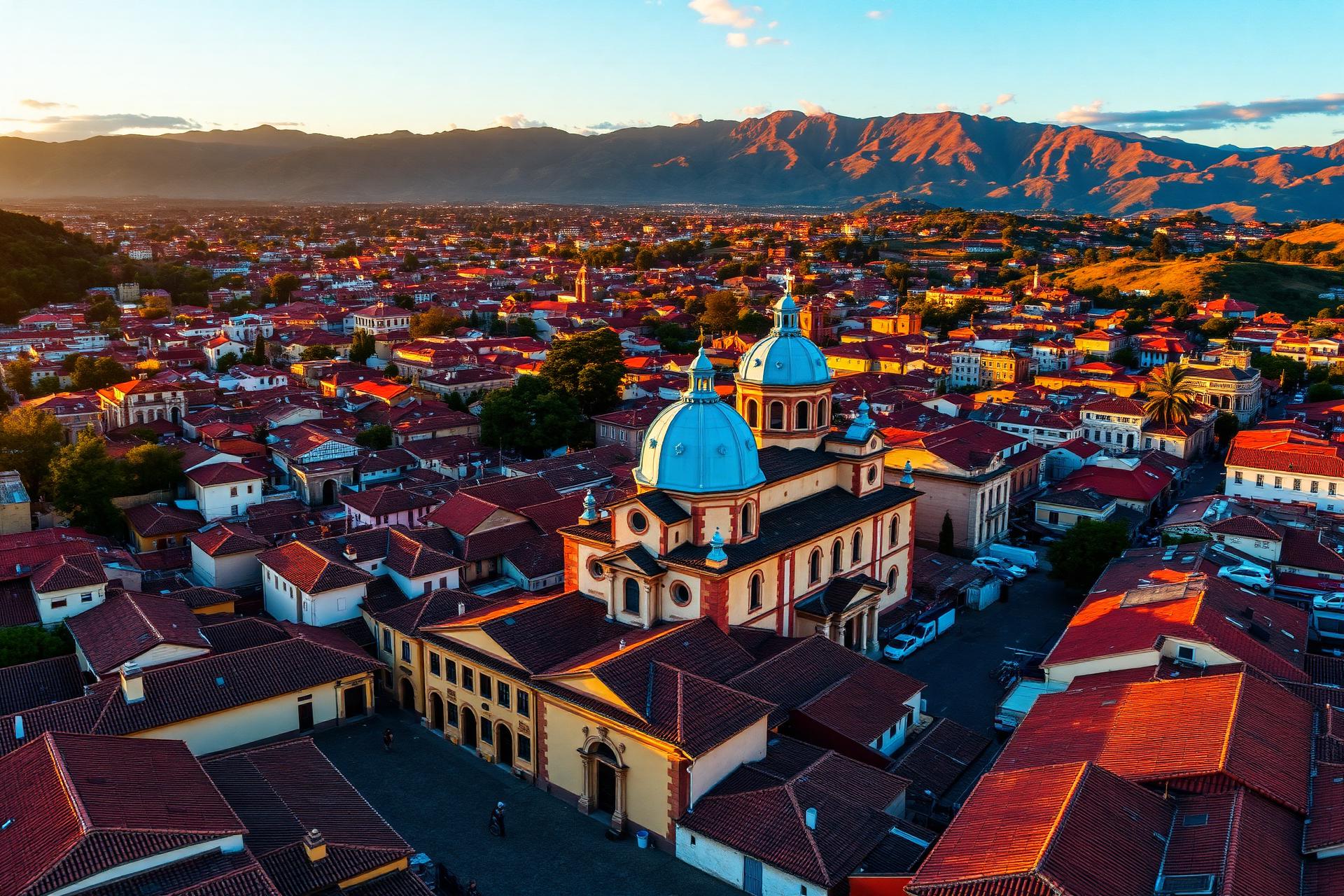 Vista aérea del Centro Histórico de Cuenca al atardecer con las cúpulas azules de la Catedral y los Andes al fondo