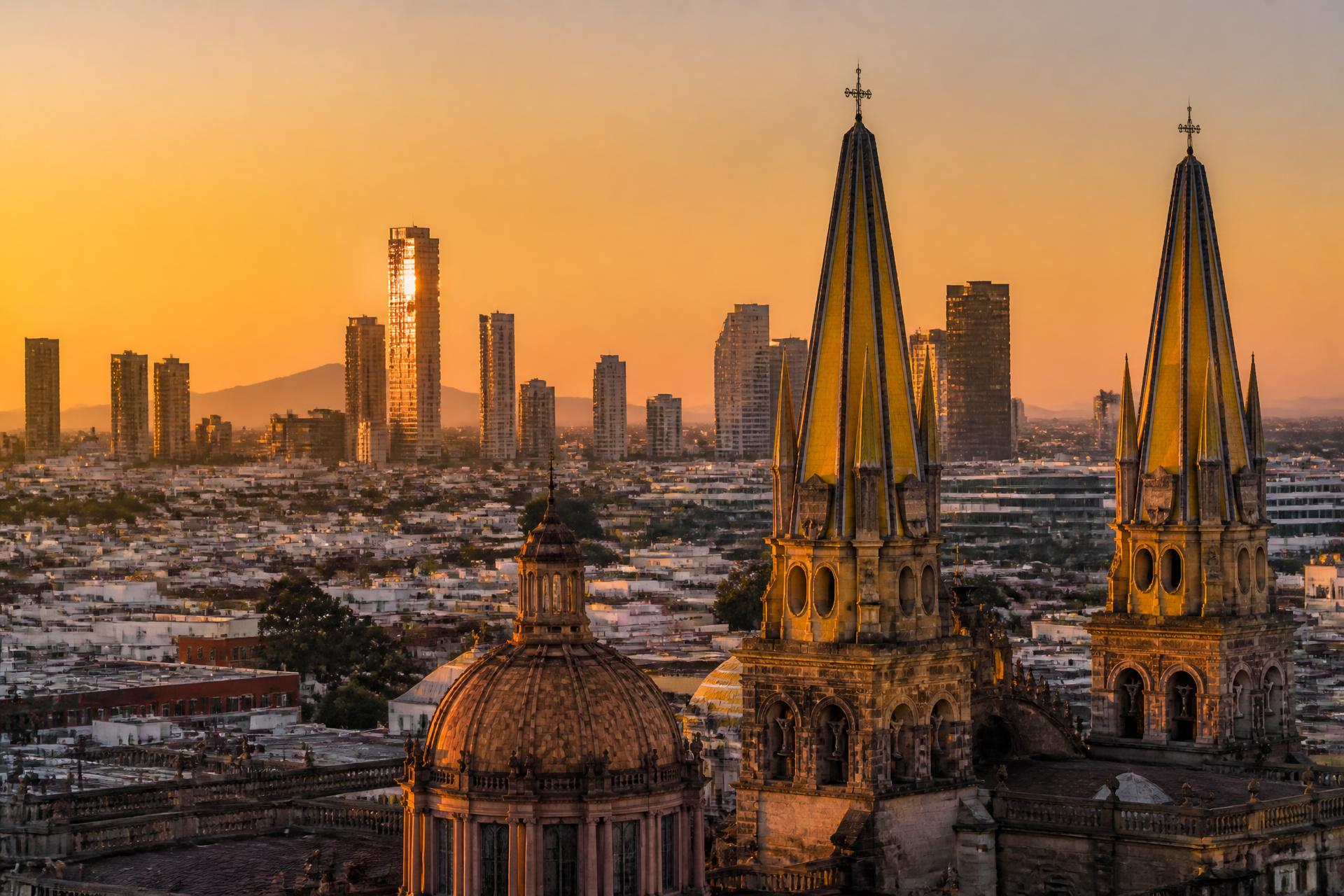 Catedral de Guadalajara y skyline corporativo de Zapopan al atardecer