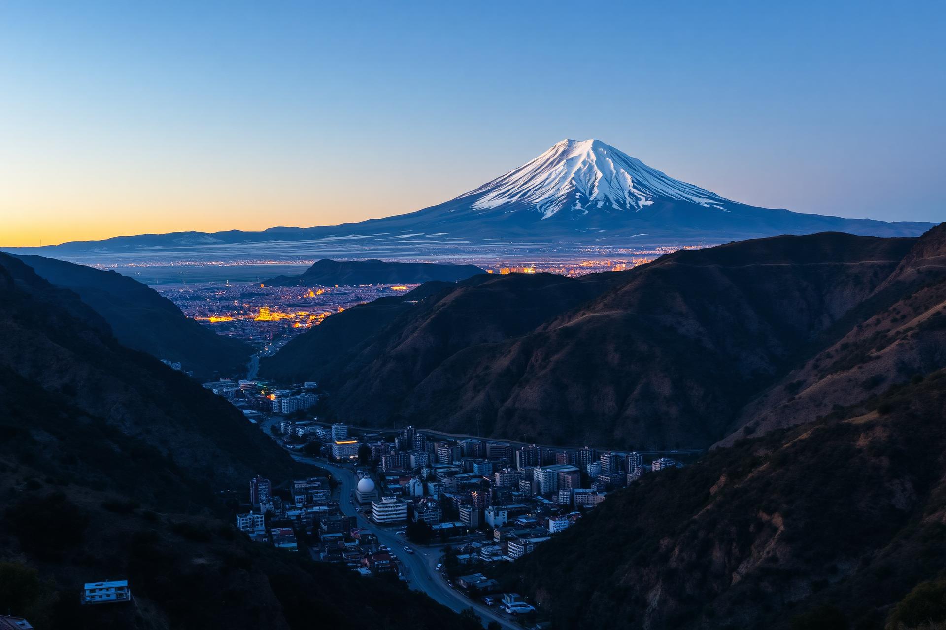 Vista panorámica de La Paz enclavada en un cañón con el Illimani nevado al fondo al atardecer