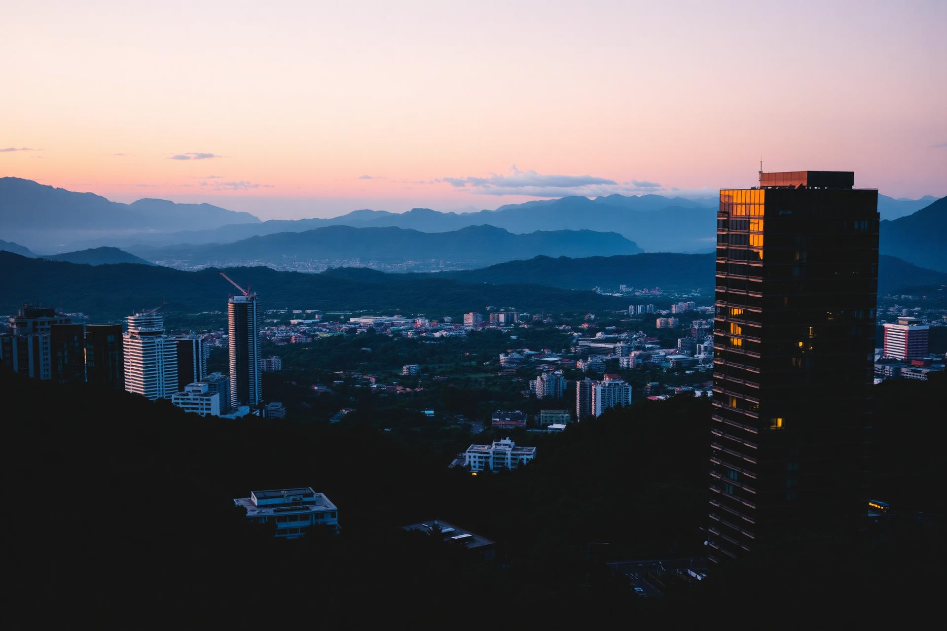 Skyline corporativo de Medellín visto desde El Poblado al atardecer