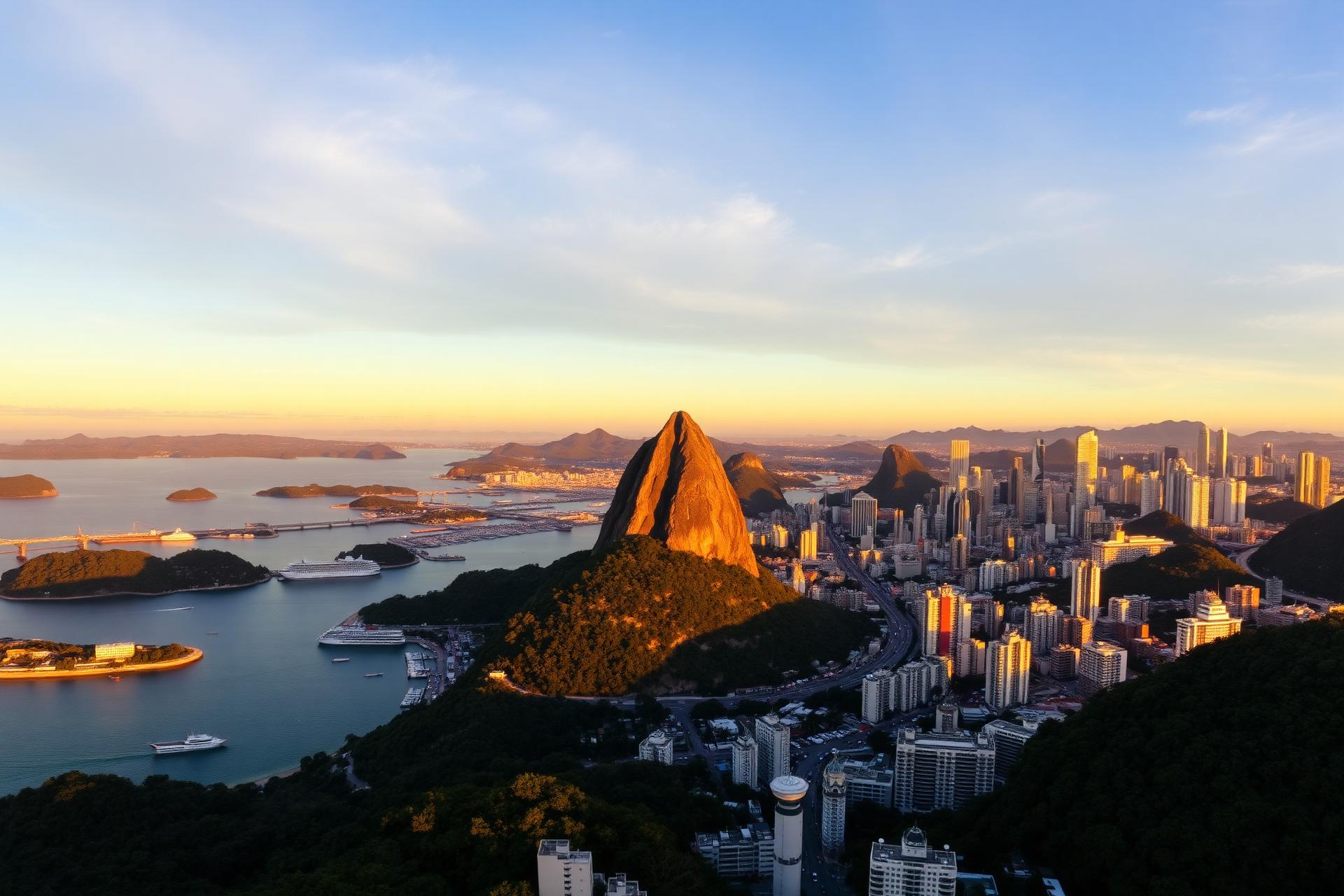 Vista aérea do Rio de Janeiro ao entardecer com o Pão de Açúcar e a Baía de Guanabara
